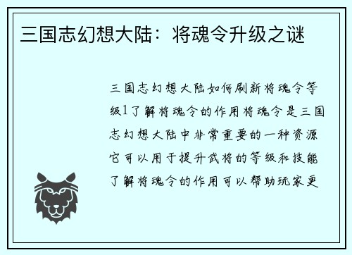三国志幻想大陆：将魂令升级之谜