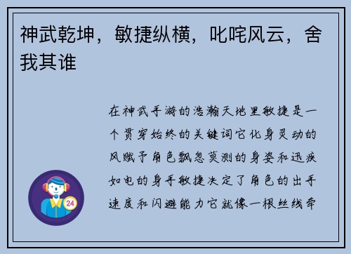 神武乾坤，敏捷纵横，叱咤风云，舍我其谁