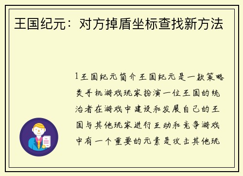 王国纪元：对方掉盾坐标查找新方法